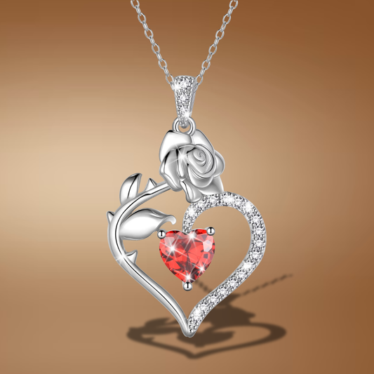 925 Sterling Silver Birthstone Necklace – Rose Heart Pendant for Women