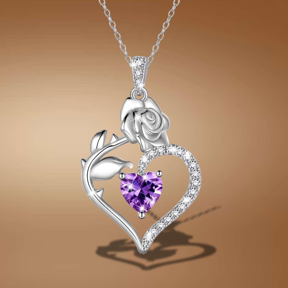 925 Sterling Silver Birthstone Necklace – Rose Heart Pendant for Women