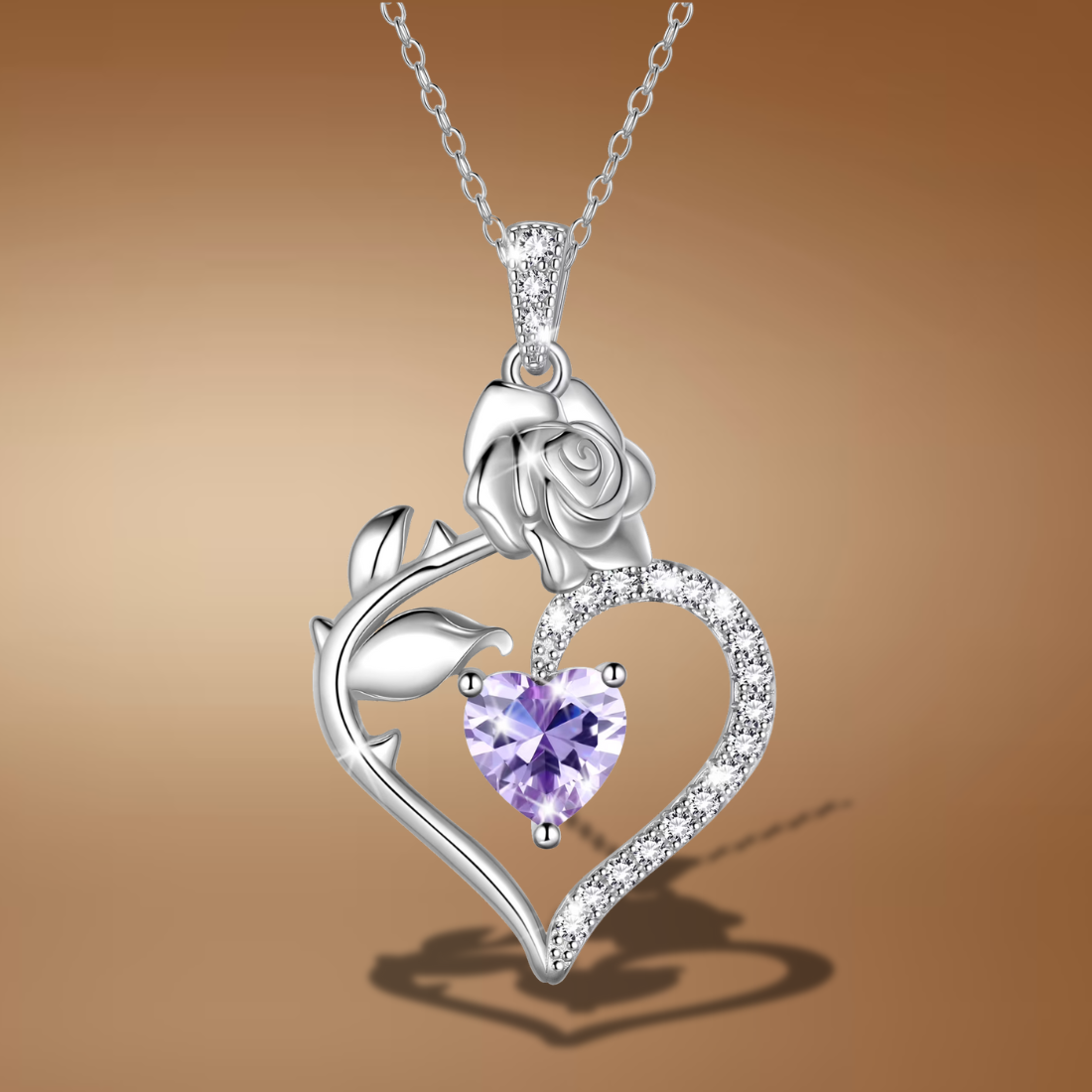 925 Sterling Silver Birthstone Necklace – Rose Heart Pendant for Women