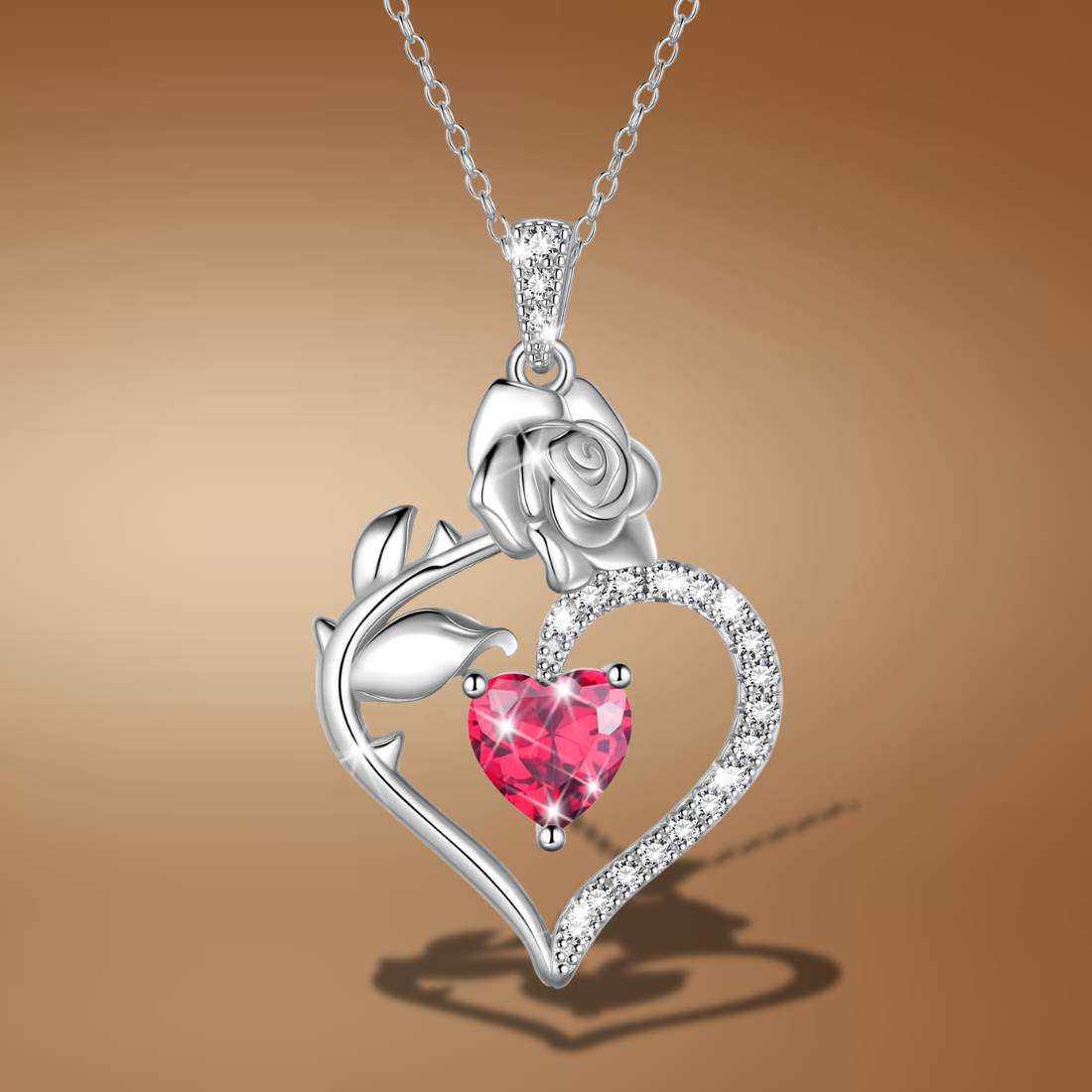 925 Sterling Silver Birthstone Necklace – Rose Heart Pendant for Women