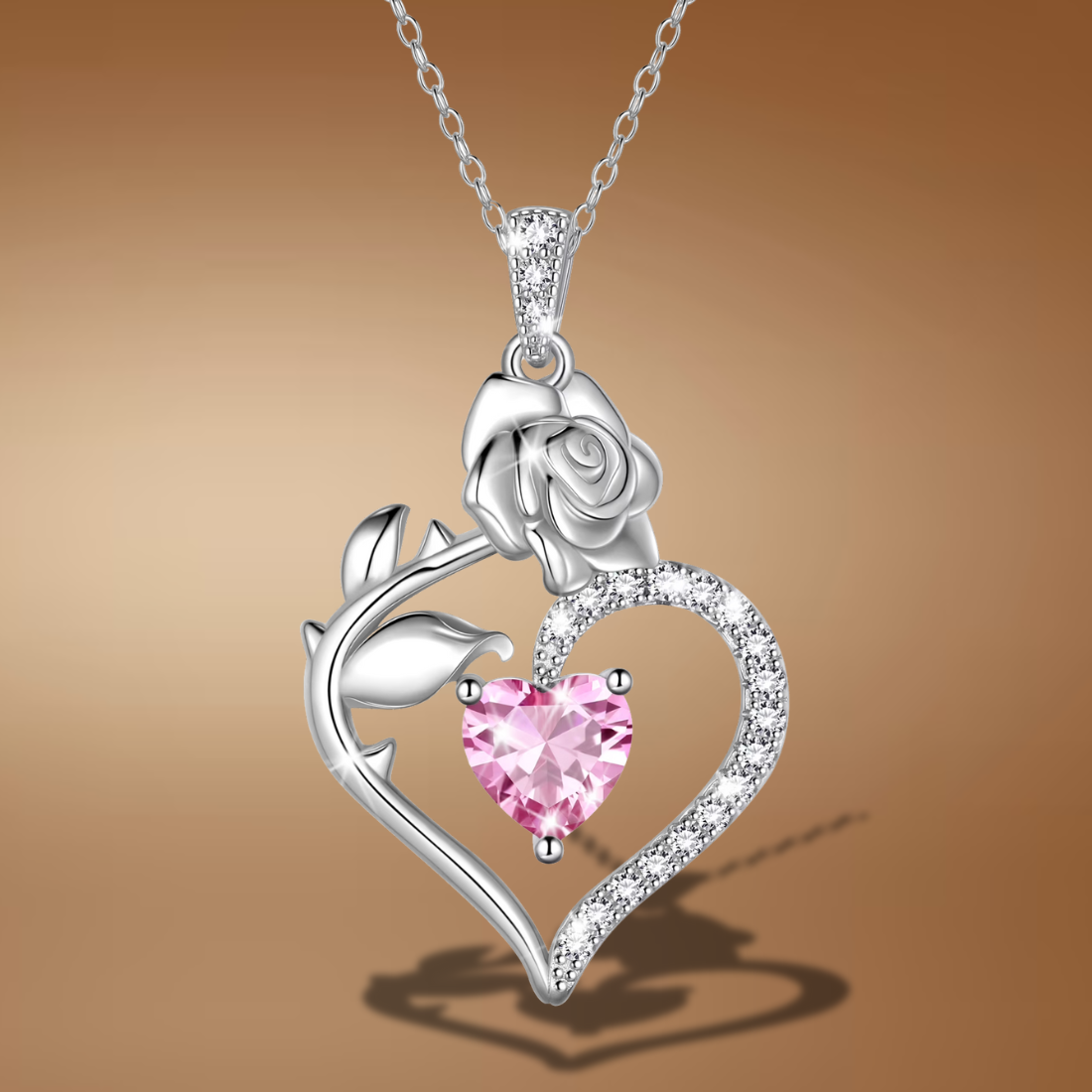 925 Sterling Silver Birthstone Necklace – Rose Heart Pendant for Women
